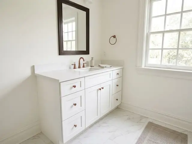 Illustration of a white shaker bathroom vanity with a white stone top and a dark-framed mirror